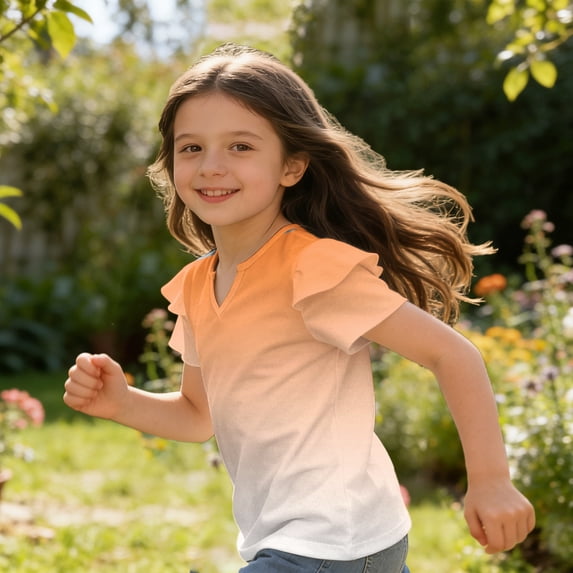 Dwellite Girls Ruffle Short Sleeve T Shirts Cute Little V Neck Tops for Kids Summer Casual Shirts 3-13 Years Orange 140