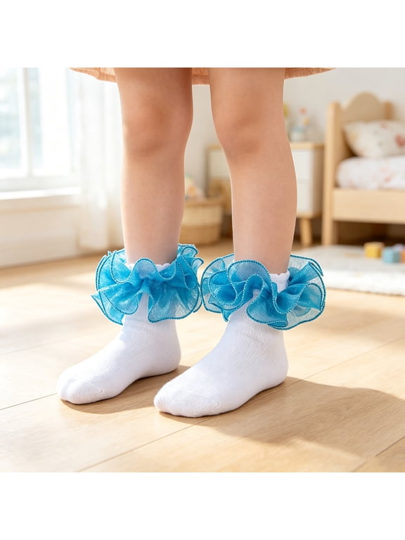 Girls Ruffle Socks Double Lace Turn Cuff Frilly Dress Socks Fancy School Uniform Sock 2026 Sky Blue L