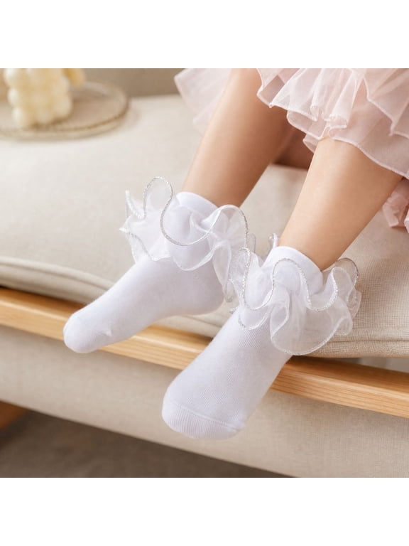 Girls Ruffle Socks Ruffled Lace Socks Toddler Frilly Dress Princess and School Uniforms White XS