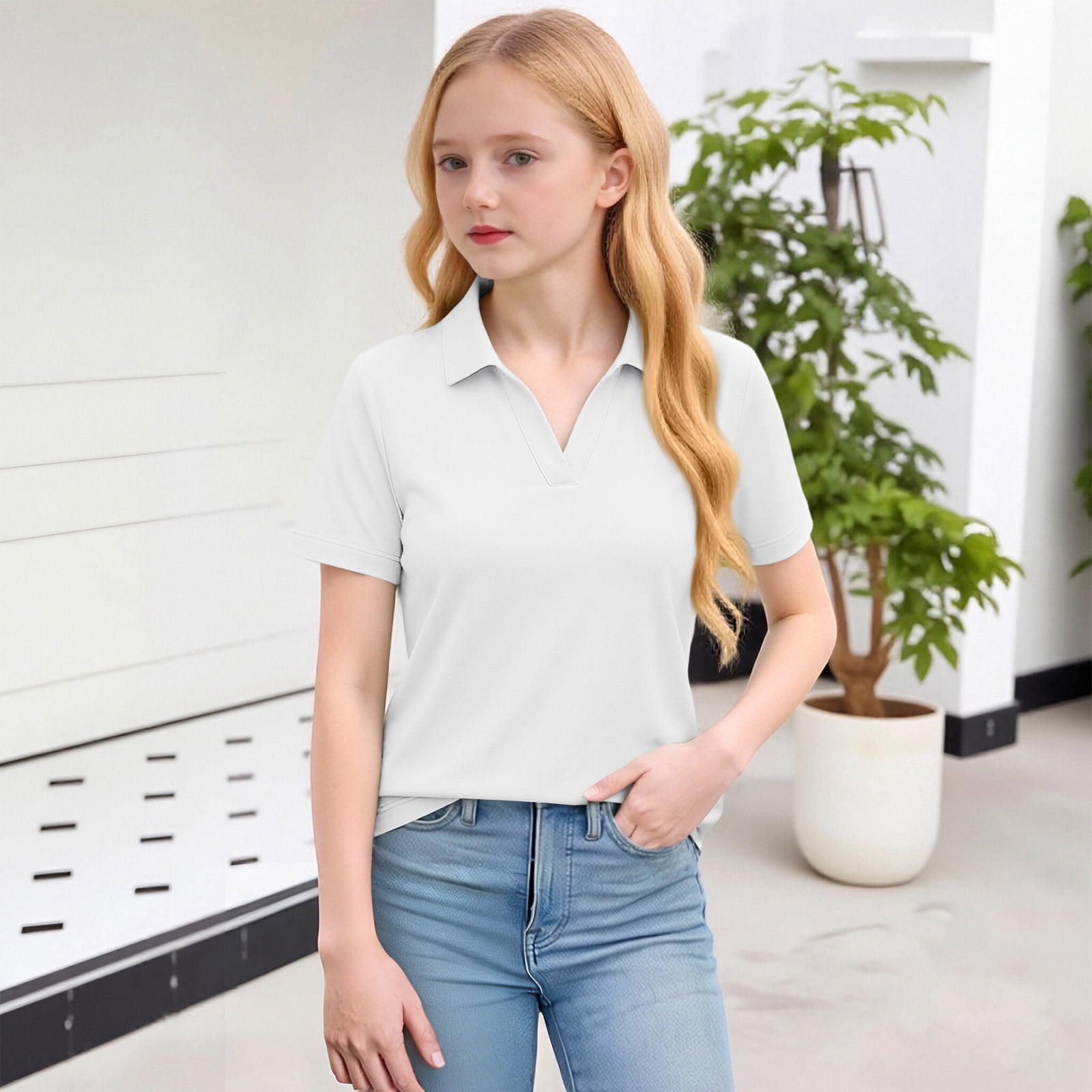 Dwellite Girls' School Uniform Polo Shirts V Neck Short Sleeve Shirt ...