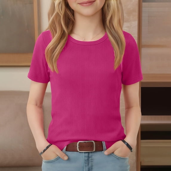 Dwellite Girls Shirts Short Sleeve Soft Summer Casual Crewneck T-Shirts Plain Tees Tops for Kids Hot Pink 130