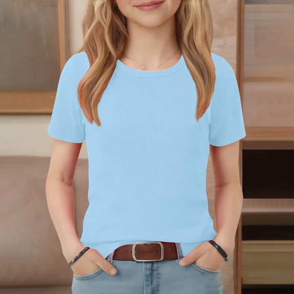 Dwellite Girls Shirts Short Sleeve Soft Summer Casual Crewneck T-Shirts Plain Tees Tops for Kids Light Blue 130