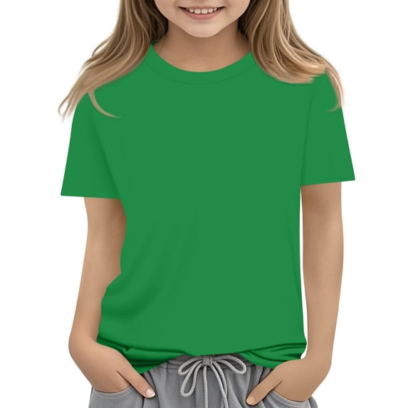 Dwellite Girls' Short Sleeve Shirts Crewneck T-Shirts Summer Tops Basic Tees 3-14 Years Green 150