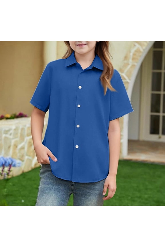 Girls Short Sleeve Shirts School Uniform Button Down Shirt for Kids Baisc Summer Blouses 3-12Y Blue -CO15 150