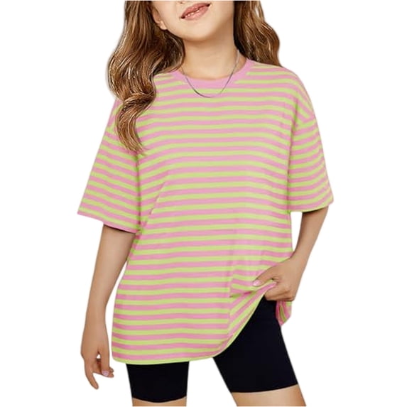 Dwellite Girls Striped Short Sleeve T Shirts for Kids Summer Oversized Tops Casual Crewneck Tees 2-13 Years Light pink 160
