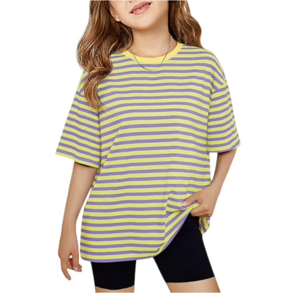 Dwellite Girls Striped Short Sleeve T Shirts for Kids Summer Oversized Tops Casual Crewneck Tees 2-13 Years Yellow 100
