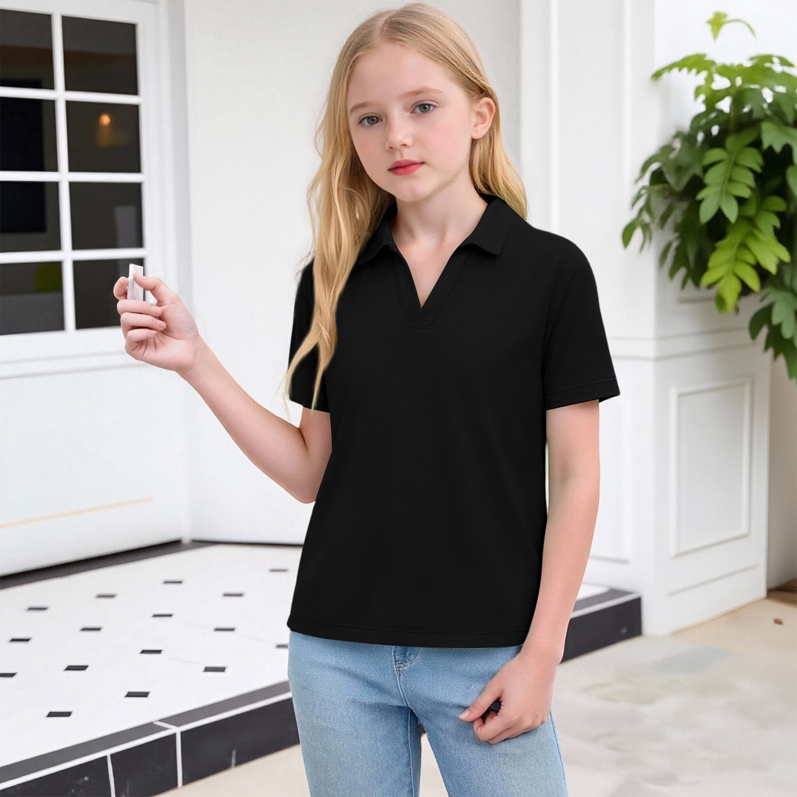 Dwellite Girls Uniform Polo Shirts Short Sleeve V Neck T-Shirts Casual ...