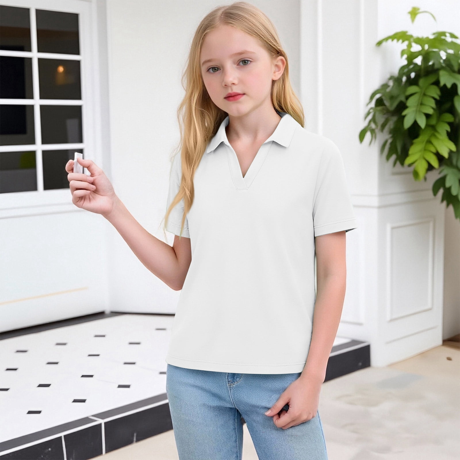 Dwellite Girls Uniform Polo Shirts Short Sleeve V Neck T-Shirts Casual ...
