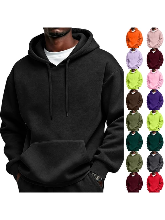 Hoodies for Men Casual Oversized Pullover Sweatshirts Midweight Fashion Long Sleeve Hooded Sweatshirt with Pockets Black 2XL