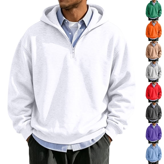 Dwellite Hoodies for Men Pullover Quarter Zip Long Sleeve Drop Shoulder Sweatshirts Baggy Zip Up Workout Fall Winter Hoodie White 3XL