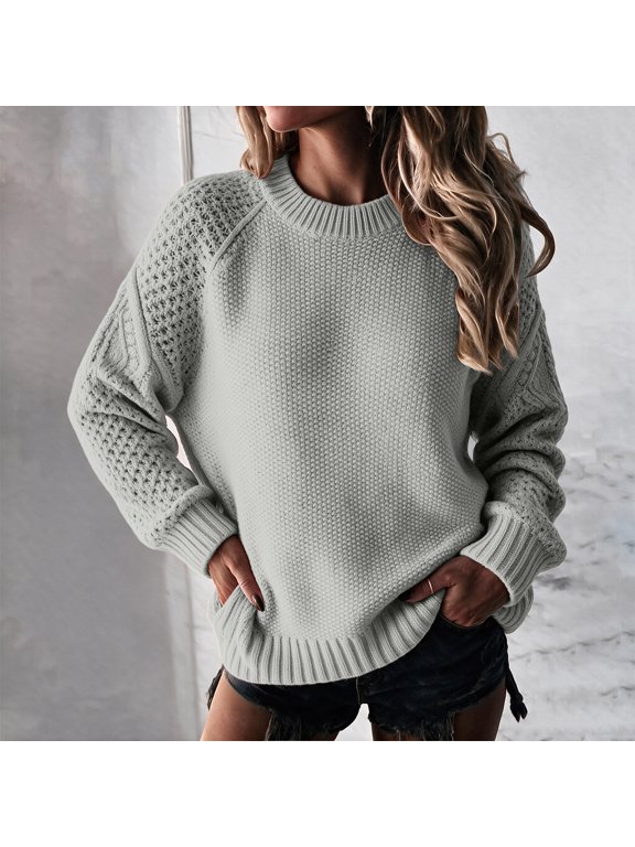 Knit Sweater Women Crew Neck Oversized Pullover Long Sleeve Tops Knit Relaxed Warm Winter Holiday Tops 2026 Fall Fashion Gray M