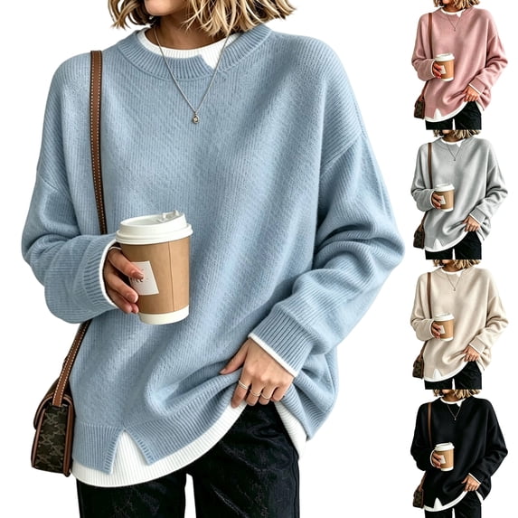Dwellite Knit Sweater for Women Crew Neck Oversized Pullover Long Sleeve Tops Relaxed Warm Winter Holiday Tops 2026 Fall Fashion 2026 Pink S