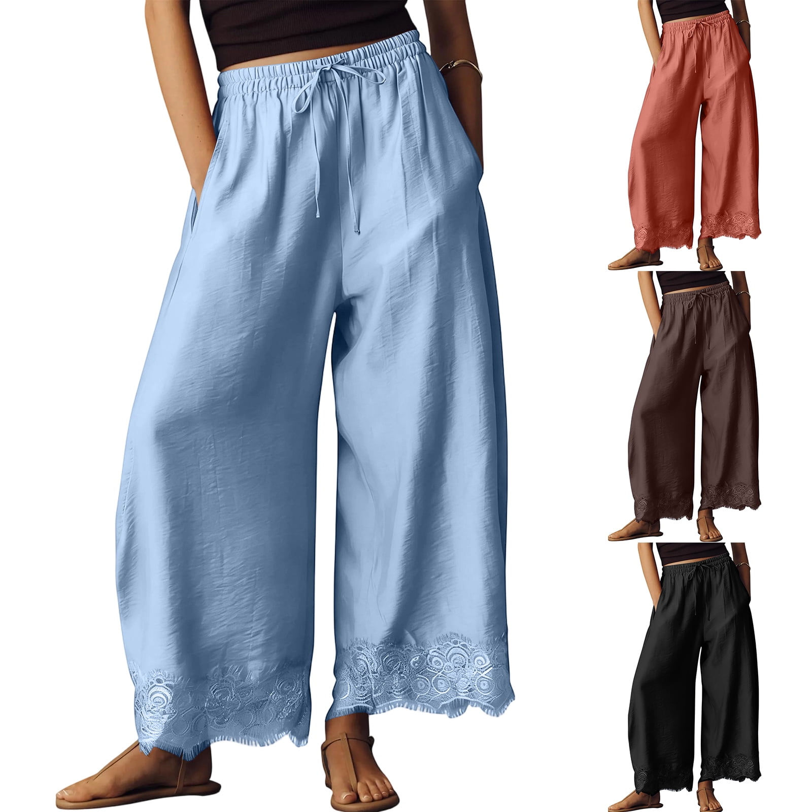 Dwellite Lace Trim Wide Leg Pants for Women 2026 Spring Summer Cropped ...