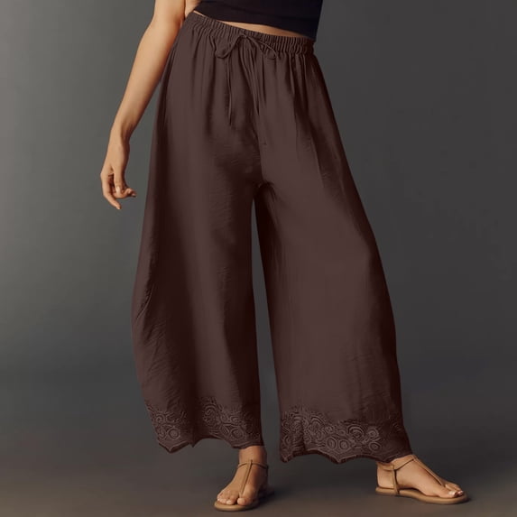 Dwellite Lace Trim Wide Leg Pants for Women 2026 Spring Summer Cropped Lightweight Casual Pants Coffee M