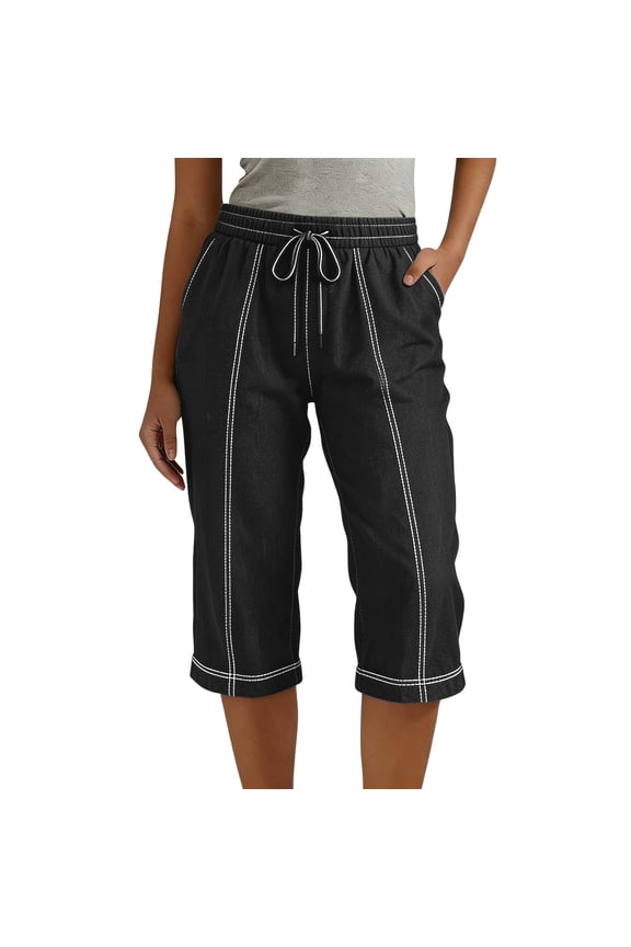 Linen Capri Pants for Women Cotton Linen Casual Summer 2026 Cute Petite Elastic Waist Cropped Trouser Black L