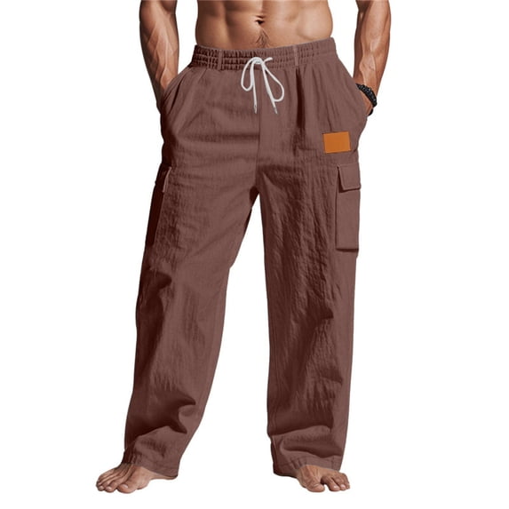 Dwellite Linen Pants Men Casual Loose Fit Beach Pants Summer Elastic Waist Drawstring Linen Cargo Trouser with Pockets 2026 Coffee L