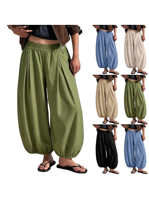 Linen Pants Women Casual Loose Fit Straight Leg Balloon Pants Summer Beach Vacation Flowy Trousers Khaki S
