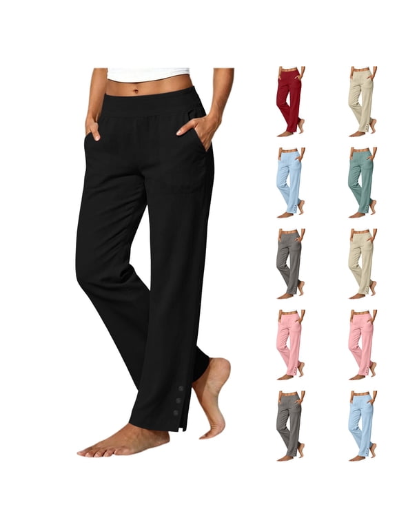 Linen Pants Women Petite Casual Straight Leg Pants Elastic Waist Pull On Trousers with Pockets Black S