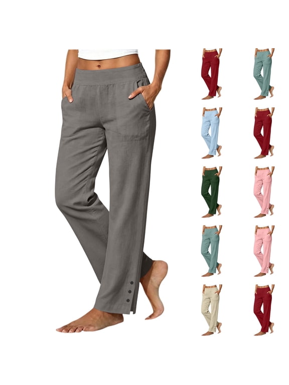 Linen Pants Women Petite Casual Straight Leg Pants Elastic Waist Pull On Trousers with Pockets Gray S