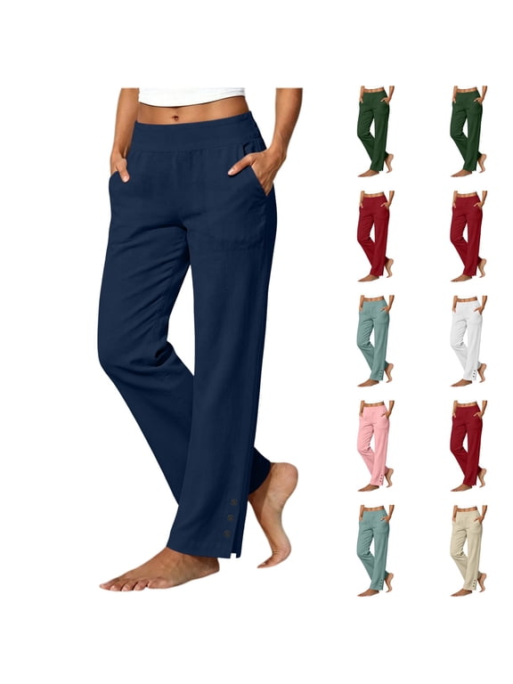 Linen Pants Women Petite Casual Straight Leg Pants Elastic Waist Pull On Trousers with Pockets Navy S