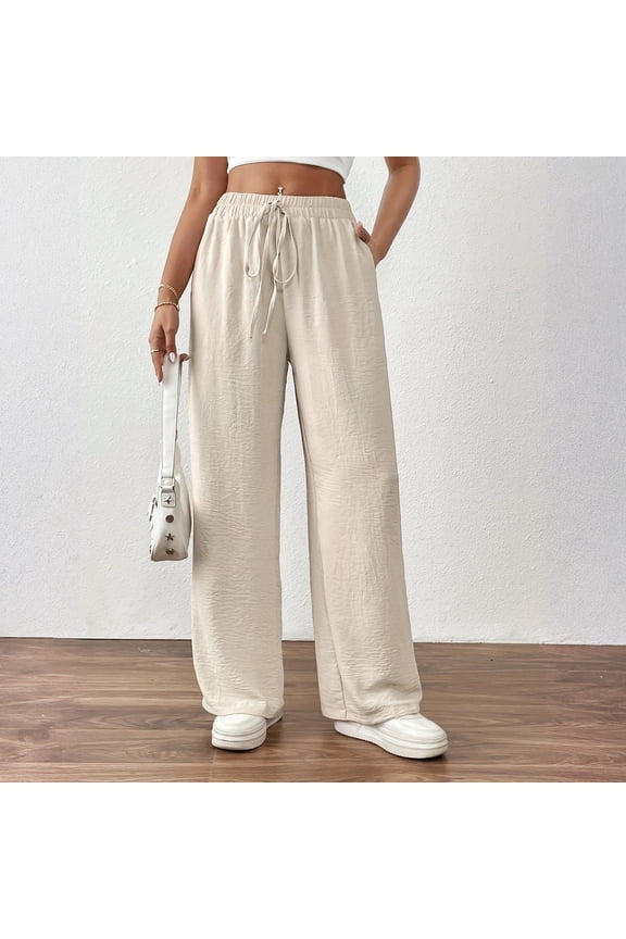 Linen Pants for Women Palazzo Pants Loose High Waist Casual Wide Leg Trousers Summer Beach Vacation Beige S