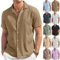 thumbnail image 1 of Dwellite Linen Shirts for Men Short Sleeve Button Down Summer Tops Lapel Casual Loose Fit Beach Solid Color Shirt 2026 Blue L, 1 of 4