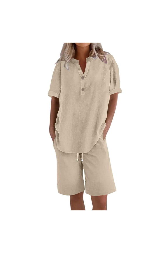 Linen Short Sets for Women 2 Piece Outfits Short Sleeve Button V-Neck Shirt and Bermuda Short Sets Vacation Clothes Khaki L
