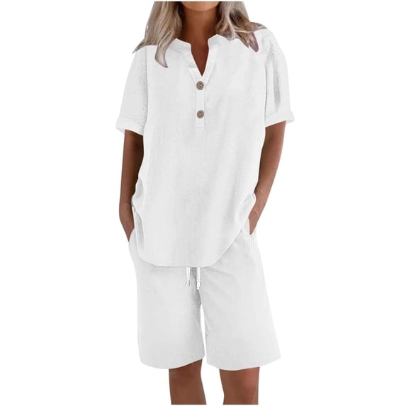 Dwellite Linen Short Sets for Women 2 Piece Outfits Short Sleeve Button V-Neck Shirt and Bermuda Short Sets Vacation Clothes White L