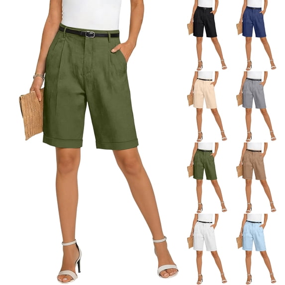 Dwellite Linen Short for Women Summer Bermuda Shorts with Pockets Dressy Casual Button Wide Leg Beach Short Navy L