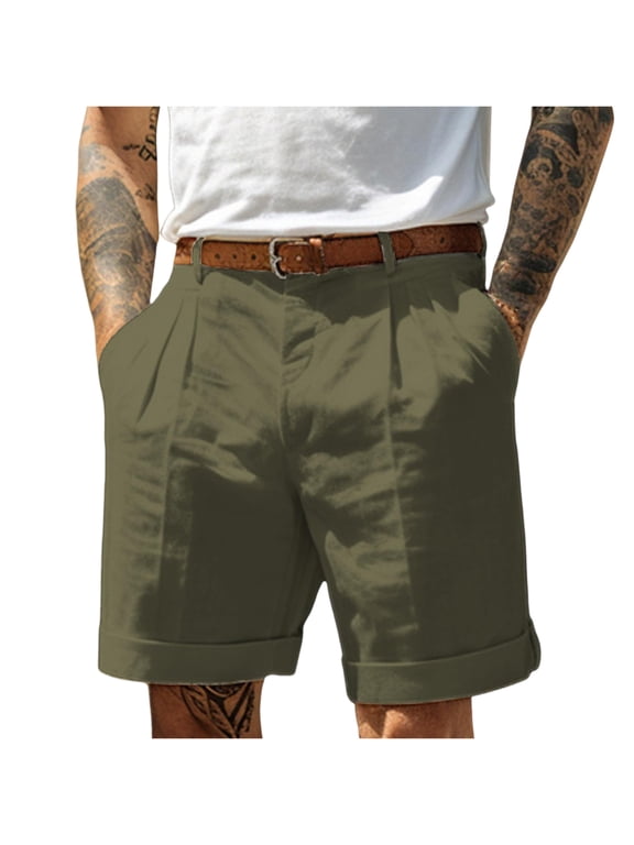 Linen Shorts for Men Pleat-Front Casual Shorts Summer Lightweight Dress Pants with Pocket Army Green S