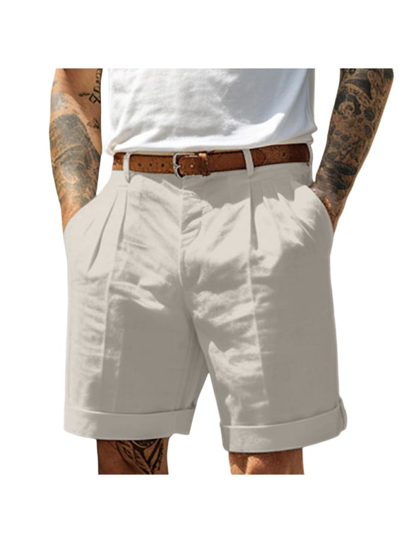 Linen Shorts for Men Pleat-Front Casual Shorts Summer Lightweight Dress Pants with Pocket Light Gray XL