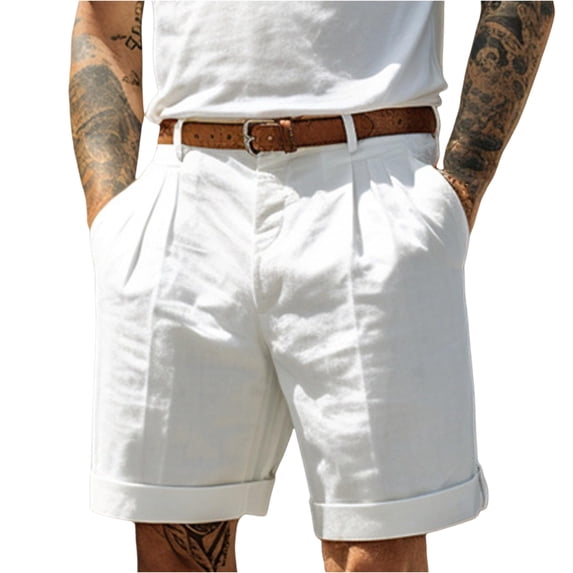Dwellite Linen Shorts for Men Pleat-Front Casual Shorts Summer Lightweight Dress Pants with Pocket White 3XL