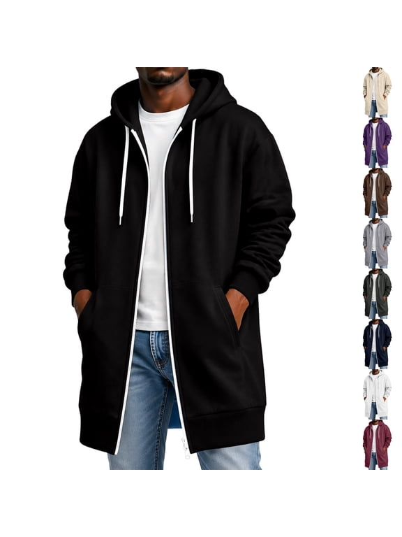 Long Hoodies for Men Casual Lightweight Zip Up Jacket Hooded Long Sweatshirt Full Zip Jacket with Pockets Black 4XL