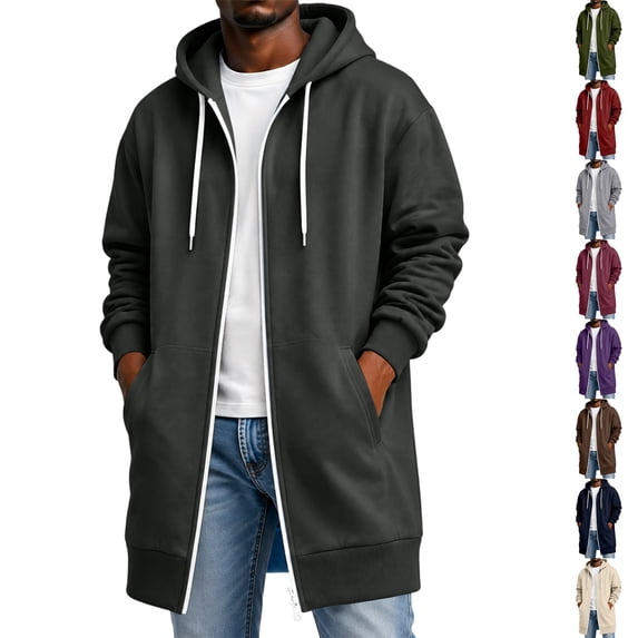 Dwellite Long Hoodies for Men Casual Lightweight Zip Up Jacket Hooded Long Sweatshirt Full Zip Jacket with Pockets Dark Gray XL