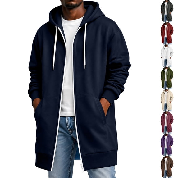 Dwellite Long Hoodies for Men Casual Lightweight Zip Up Jacket Hooded Long Sweatshirt Full Zip Jacket with Pockets Navy 4XL