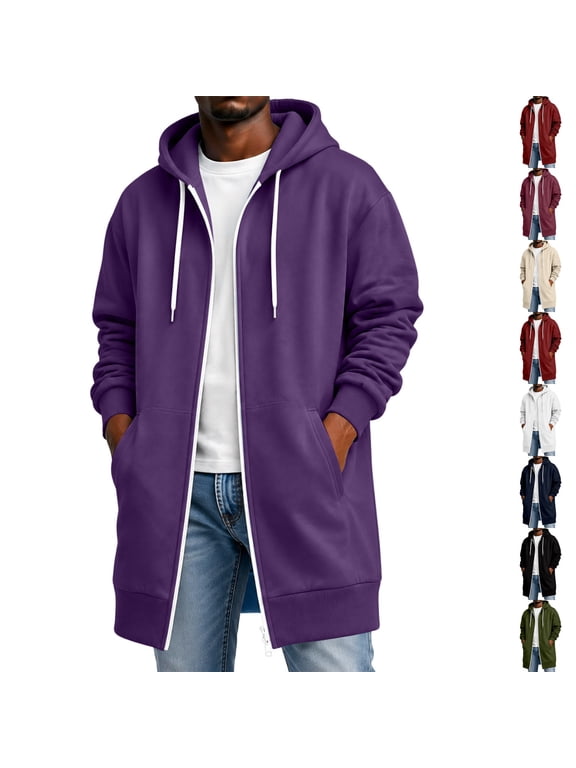 Long Hoodies for Men Casual Lightweight Zip Up Jacket Hooded Long Sweatshirt Full Zip Jacket with Pockets Purple 4XL
