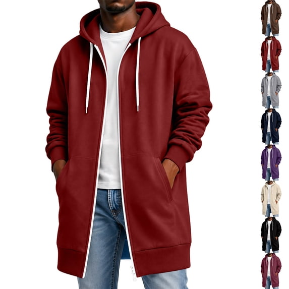 Dwellite Long Hoodies for Men Casual Lightweight Zip Up Jacket Hooded Long Sweatshirt Full Zip Jacket with Pockets Red S