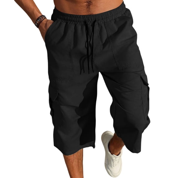 Dwellite Long Shorts Mens Below Knee Relaxed Fit Sweat Cargo Shorts Casual 3/4 Capri Pants Golf SweatShorts Multi Pockets Black S