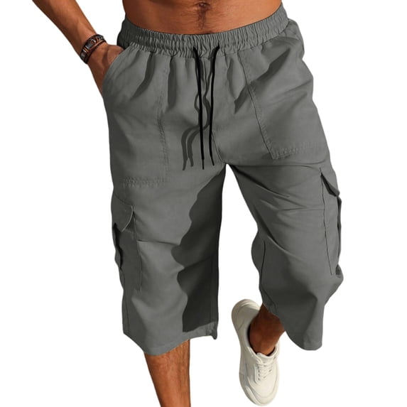 Dwellite Long Shorts Mens Below Knee Relaxed Fit Sweat Cargo Shorts Casual 3/4 Capri Pants Golf SweatShorts Multi Pockets Gray 2XL