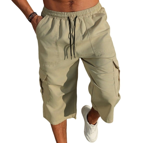 Dwellite Long Shorts Mens Below Knee Relaxed Fit Sweat Cargo Shorts Casual 3/4 Capri Pants Golf SweatShorts Multi Pockets Khaki XL