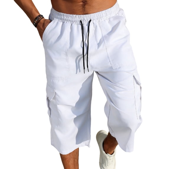 Dwellite Long Shorts Mens Below Knee Relaxed Fit Sweat Cargo Shorts Casual 3/4 Capri Pants Golf SweatShorts Multi Pockets White L