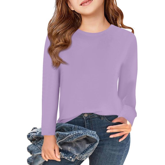 Dwellite Long Sleeve Shirts for Girls Crewneck Soft Fall Tops Casual Basic Cotton Blend Long Sleeve Tee 3-10 Years Light Purple 140