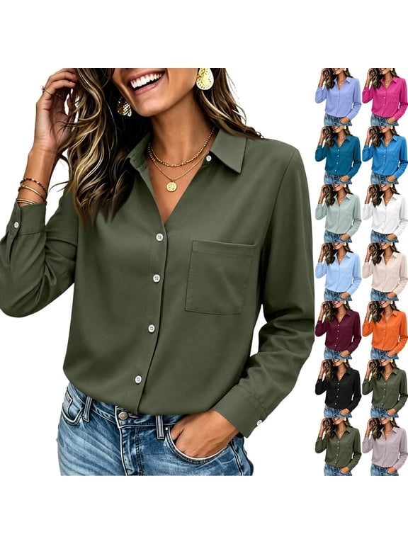 Long Sleeve Shirts for Women Business Casual Button Shirts Casual Collared Fall Fashion Blouse Office Work Shirt with Pocket Light Blue L