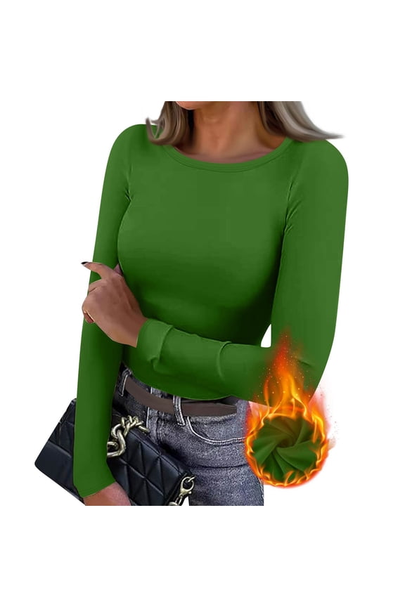 Long Sleeve Shirts for Women Scoop Neck Fitted Tops Thermal Undershirt Stretch Base Layer Soft Tee Green M