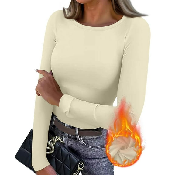 Dwellite Long Sleeve Shirts for Women Scoop Neck Fitted Tops Thermal Undershirt Stretch Base Layer Soft Tee Khaki 3XL