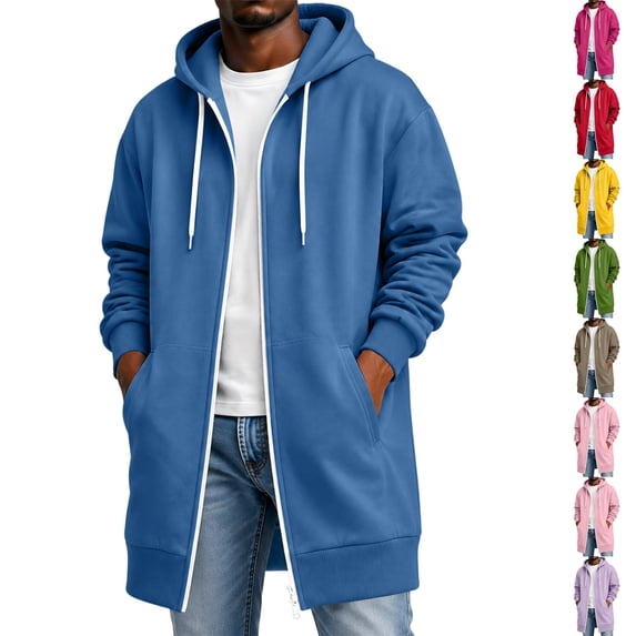 Dwellite Long Zip Up Hoodie Men Casual Lightweight Jacket Hooded Long Sweatshirt Full Zip Jacket with Pockets Royal Blue L