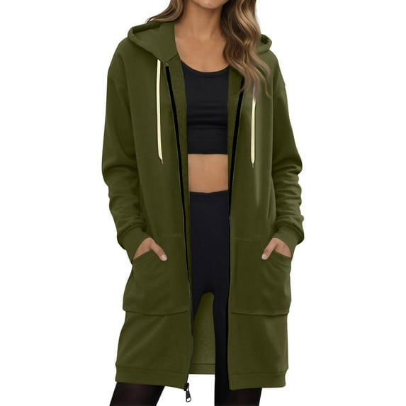 Dwellite Long Zip Up Hoodie Women with 2 Zippers Trendy Lightweight Fleece Hoodies Oversized Fall Sweatshirt Travel Athletic Tops Army Green 2XL