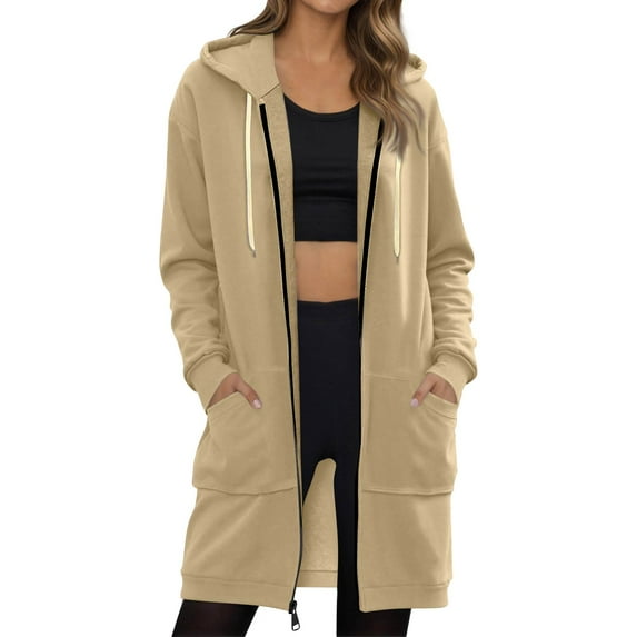 Dwellite Long Zip Up Hoodie Women with 2 Zippers Trendy Lightweight Fleece Hoodies Oversized Fall Sweatshirt Travel Athletic Tops Khaki L