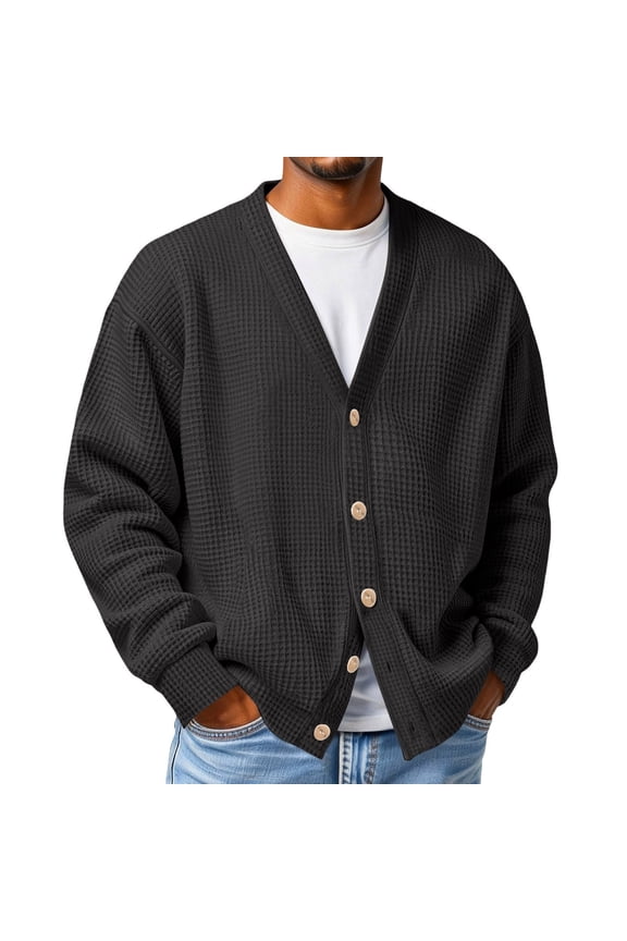 Men Cardigan Sweater Comfy Waffle Relaxed Long Sleeve Cardigan Classic Lightweight Open Front Button Down Solid Sweater Black L