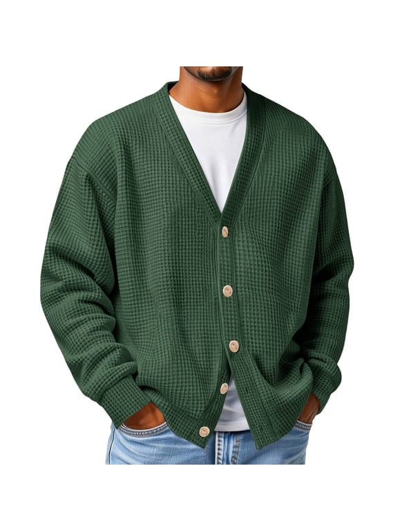 Men Cardigan Sweater Comfy Waffle Relaxed Long Sleeve Cardigan Classic Lightweight Open Front Button Down Solid Sweater Dark Green 3XL